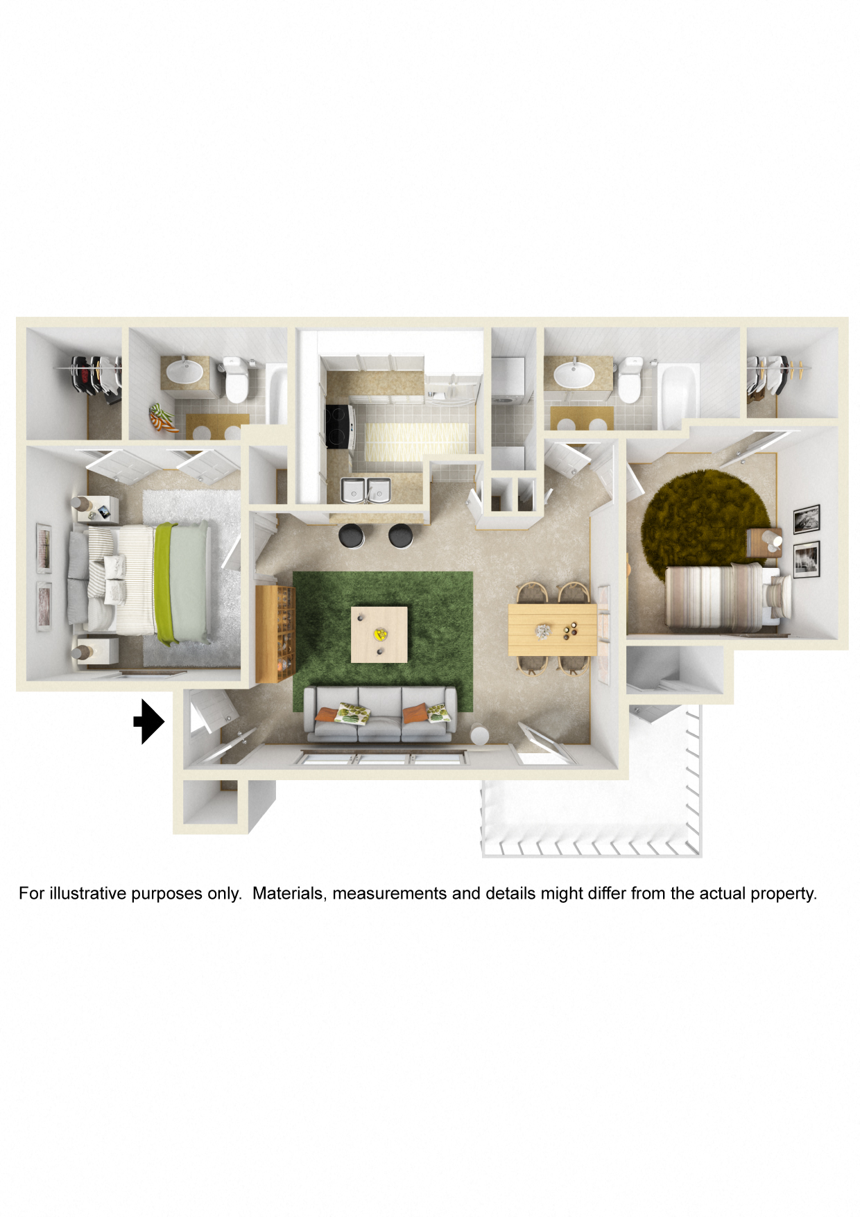 Floor plan for 2 beds, 2 baths, 978 sqft